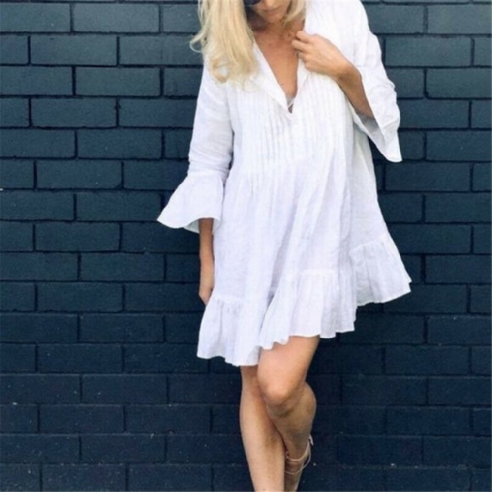 Boho White ruffle hem 3/4 sleeve v neck dress - Picture 5 of 5